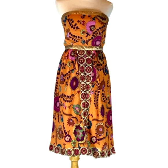 Cynthia Steffe Dress Orange Pink Gold Embroidered Cotton Bali, Size 4 - Picture 3 of 11